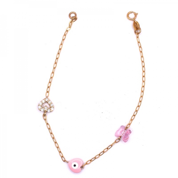 Βραχιόλι παιδικό σε χρυσό Κ14 αλυσίδα με ροζ πέτρα