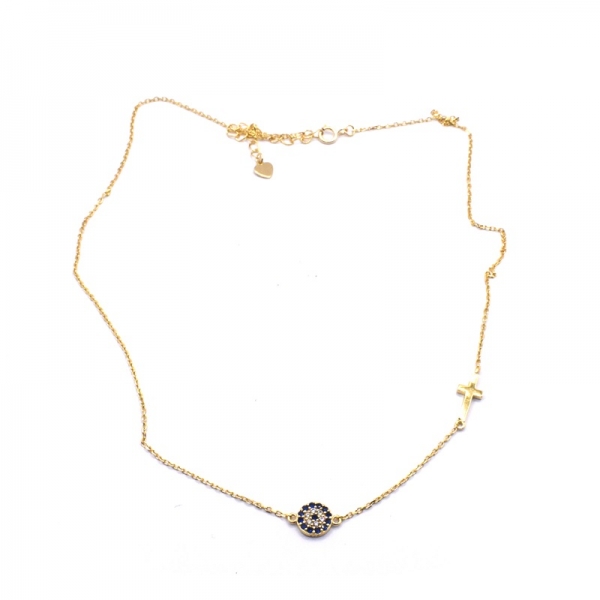 Κολιέ ασημένιο επιχρυσωμένο 925 ματάκι με ζιργκον και σταυρό