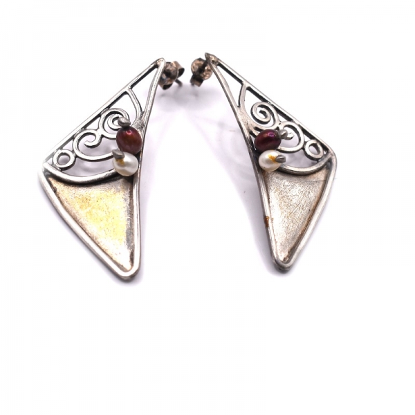 Σκουλαρίκια ασημένια με ορείχαλκο και μαργαριτάρι