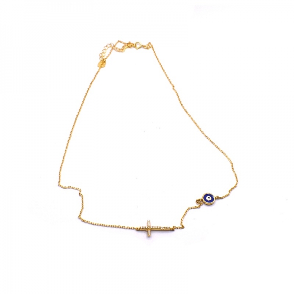 Κολιέ ασημένιο επιχρυσωμένο 925 σταυρός με ζιργκον και ματάκι