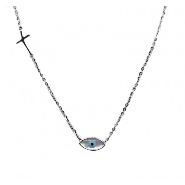 Κολιέ σε λευκόχρυσο με μάτι και σταυρό