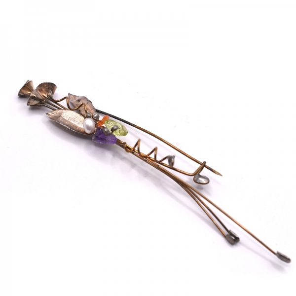 Kαρφίτσα  ασημένια λουλούδι με μαργαριτάρι,κορνεόλη,αμέθυστο και περίδοτο