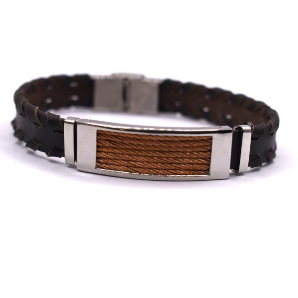Βραχιόλι ατσάλι αντρικό με καφέ δερματίνη